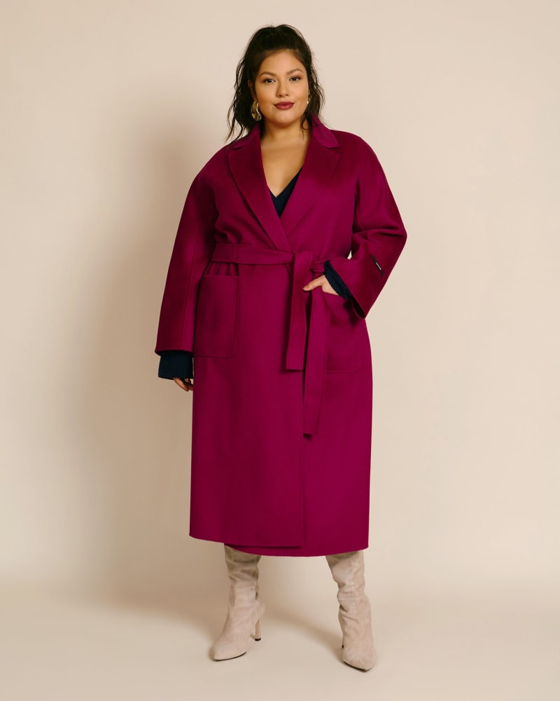 Front of a model wearing a size 16 Toscana Coat in Plum by Marina Rinaldi. | dia_product_style_image_id:224431